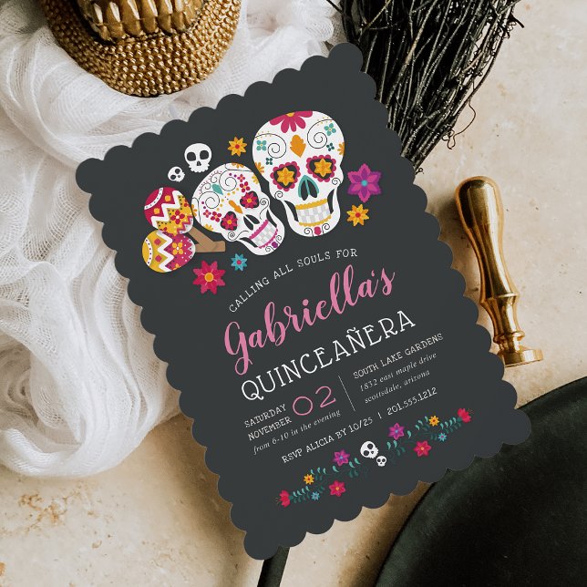 Invitation Jour des Crânes de sucre du thème mort Quinceanera (Créateur téléchargé)
