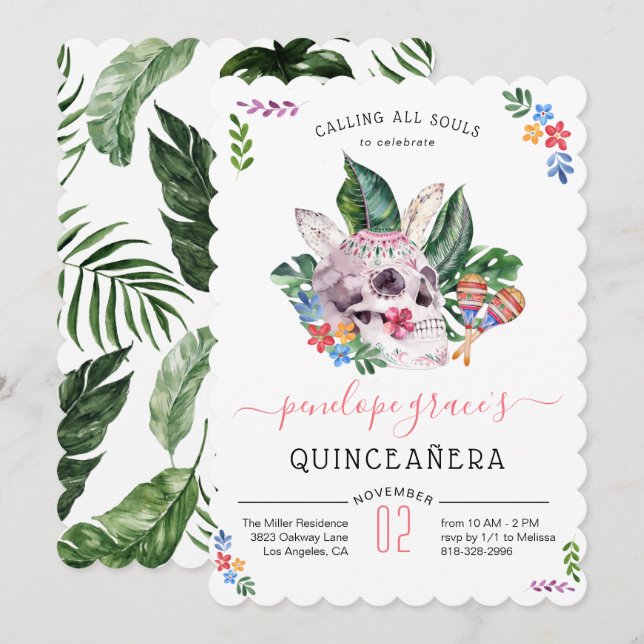 Invitation Jour des Crânes de Sucre Quinceañera  (Devant / Derrière)