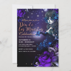 Invitation Jour des Morts Violet Bleu Dia de los Muertos