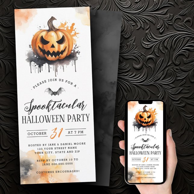 Invitation Jour d'Halloween Jack-o-lanterne éffrayante (Spooky watercolor Jack-o-Lantern Halloween party Invitation)