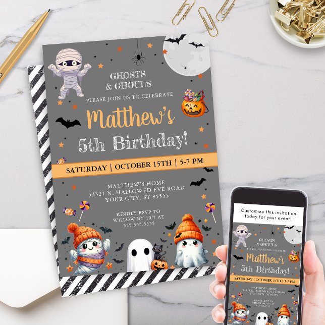 Invitation Jour d'Halloween Orange moderne Cute Ghost Party (Spooktacular halloween birthday party invitations for costume party cute ghost theme party invites)