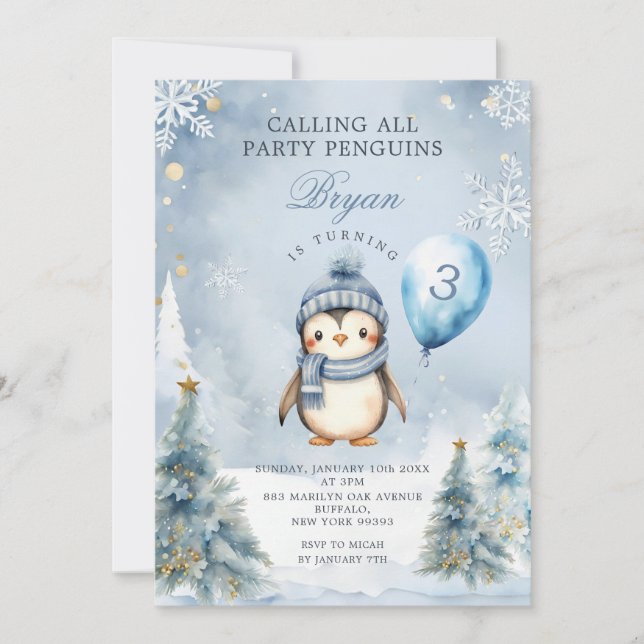 Invitation Jour d'hiver Penguin Bleu Noël 3e anniversaire (Devant)