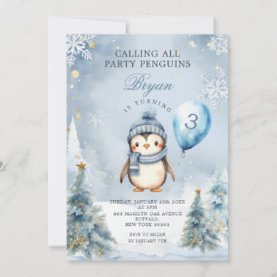 Invitation Jour d'hiver Penguin Bleu Noël 3e anniversaire