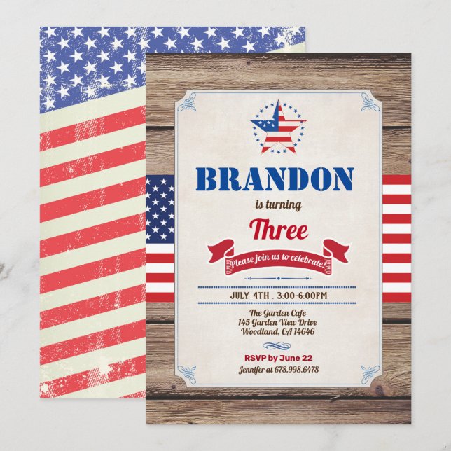 Invitation Jour d'indépendance du garçon du 4 juillet (Devant / Derrière)