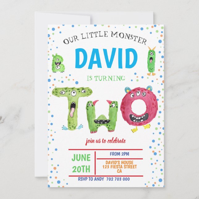 Invitation Jour du deuxième anniversaire de la fête des monst (Devant)
