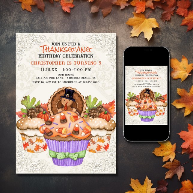 Invitation Jour férié de Thanksgiving Cupcakes (Printed and Digital - Cute Thanksgiving Cupcakes Holiday Birthday Invitation)