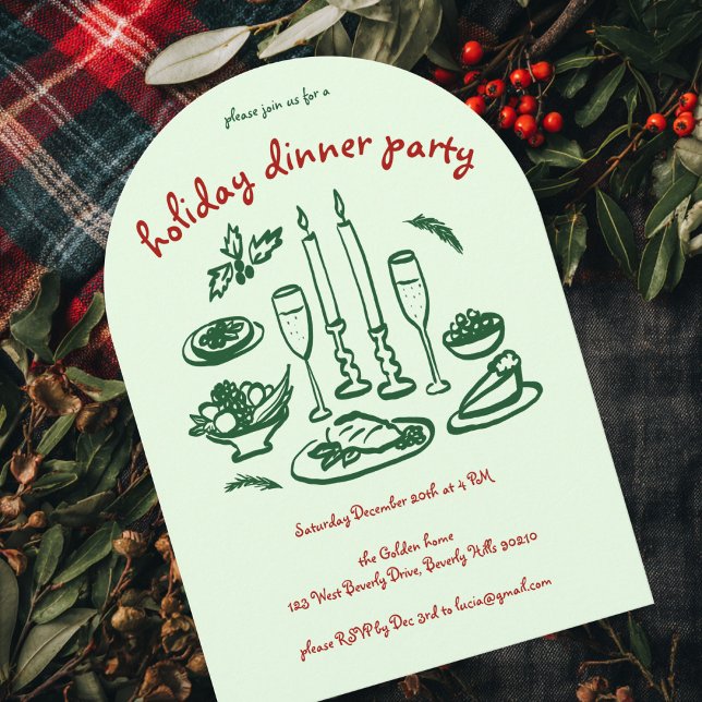 Invitation Jour férié de Whimsical Girly (Whimsical Doodle Sketch Girly Holiday Dinner Party Arched Xmas Invitation
)