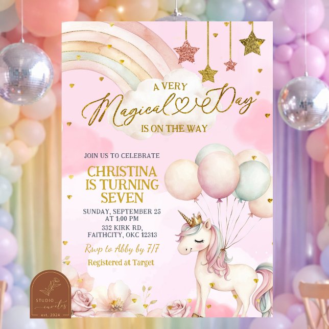 Invitation Jour Magique Licorne Est Sur Le Chemin Anniversair (Créateur téléchargé)