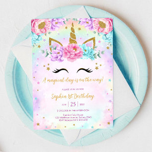 Invitation Jour Magique Licorne et Arc-en-Ciel Anniversaire