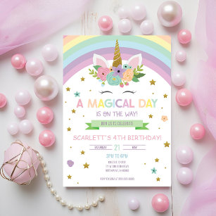Invitation Jour magique Unicorn et Rainbows Anniversaire