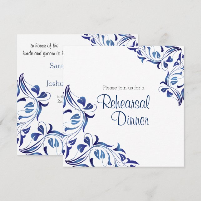 Invitation Jour moderne bleu foncé Floral - Dîner de répétiti (Devant / Derrière)