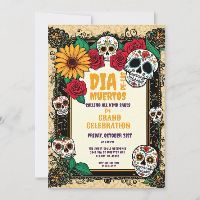 Invitation Jour Rétro des Morts Célébration de Crânes de Sucr (Devant)