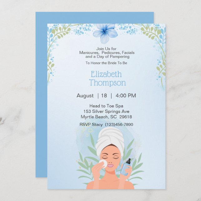 Invitation Jour spa Bachelorette Party Blue Floral (Devant / Derrière)