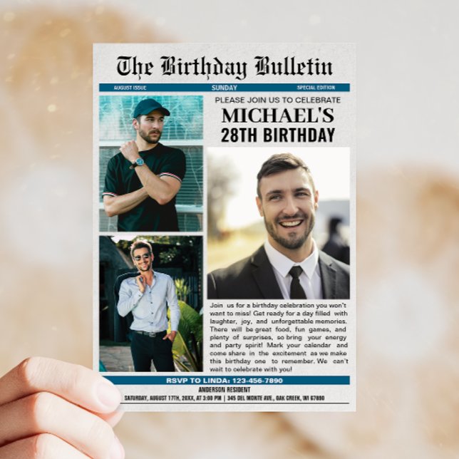 Invitation Journal avec photos N'importe quel âge Anniversair (Celebrate your birthday in style with a newspaper design invitation that adds fun and flair!)
