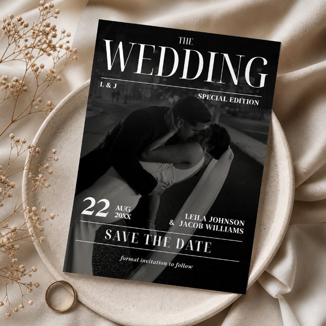 Invitation Journal de mariage à conserver Date moderne de mag (Newspaper Wedding Save the Date Modern Magazine Invitation, Photo Wedding Invite, Magazine Cover)