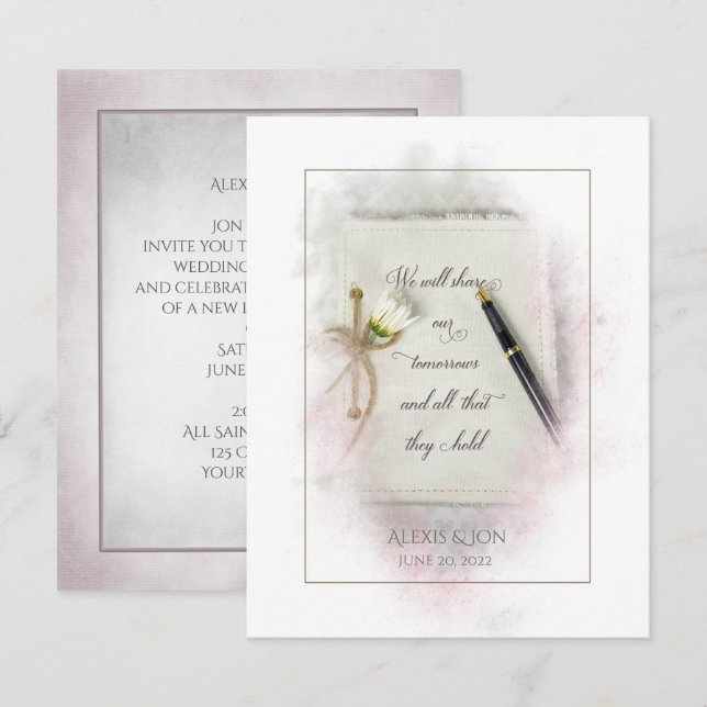 Invitation Journal mariage avec plume et marguerite (Devant / Derrière)