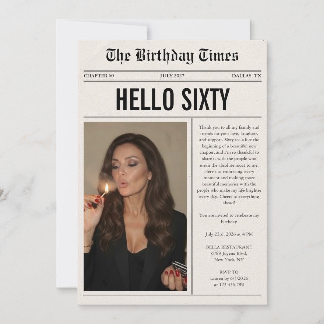 Invitation Journal photo de 60 ans d'anniversaire Hello Sixty (Devant)