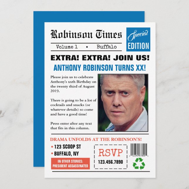 Invitation Journal thème à tout âge Anniversaire photo Invita (Devant / Derrière)