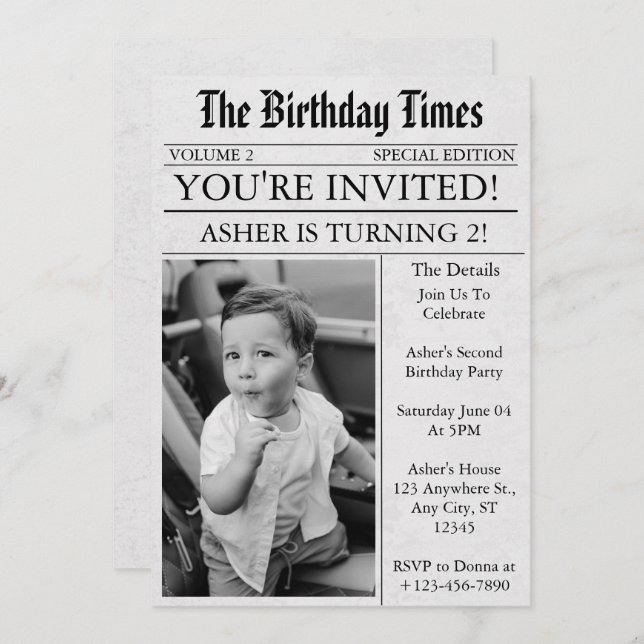 Invitation Journal Unique Fun Photo 2nd Birthday Party (Devant / Derrière)