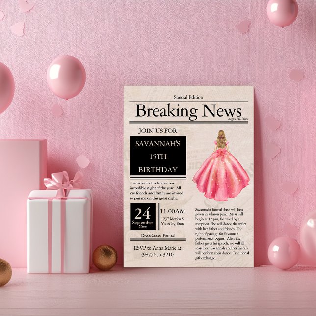 Invitation Journal vintage Quinceañera Saumon rose (Créateur téléchargé)