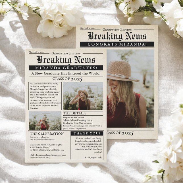 Invitation Journal vintage Retro 3 Photos Graduation (Vintage Retro Newspaper 3 Photos Graduation Invitation)