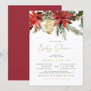 Invitation JOVI Vacances Rouge et Or Poinsettia Baby shower