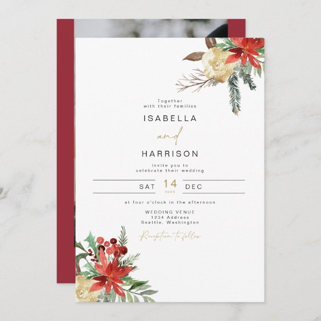 Invitation JOY Holiday Poinsettia Winter Red Floral Mariage (Devant / Derrière)