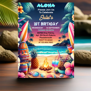 Invitation Joy hula Luau Surf aloha hawaiian 1er anniversaire
