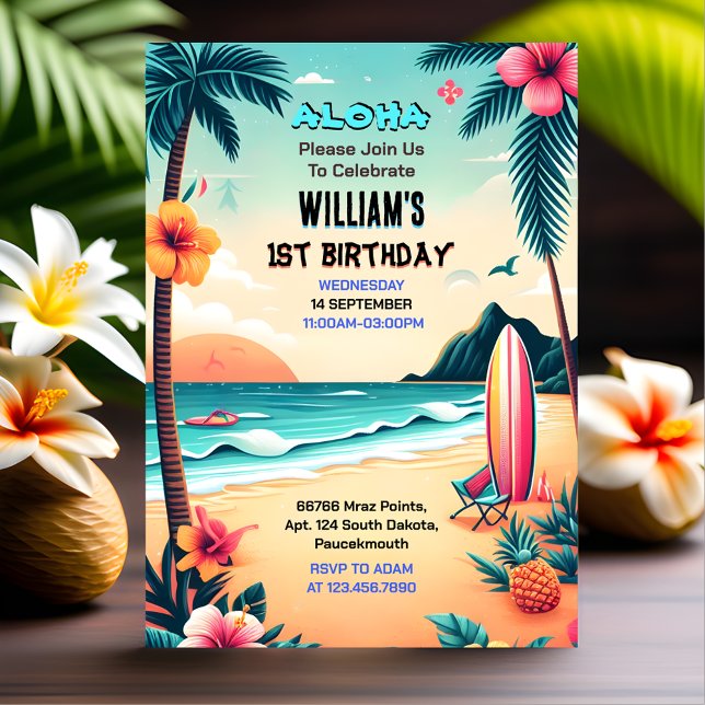Invitation Joy hula Luau Surf Aloha Hawaiian 1er anniversaire (Créateur téléchargé)