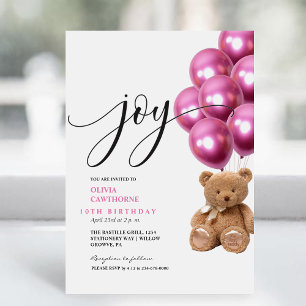 Invitation Joy Modern Cute Bear Pink Balls 10e anniversaire