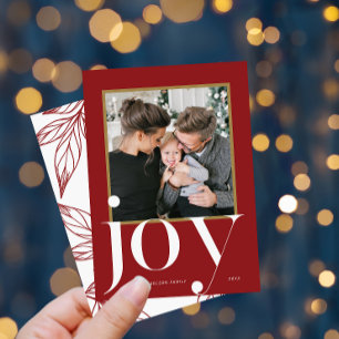 Invitation Joy Red encadré photo hiver feuillage Noël