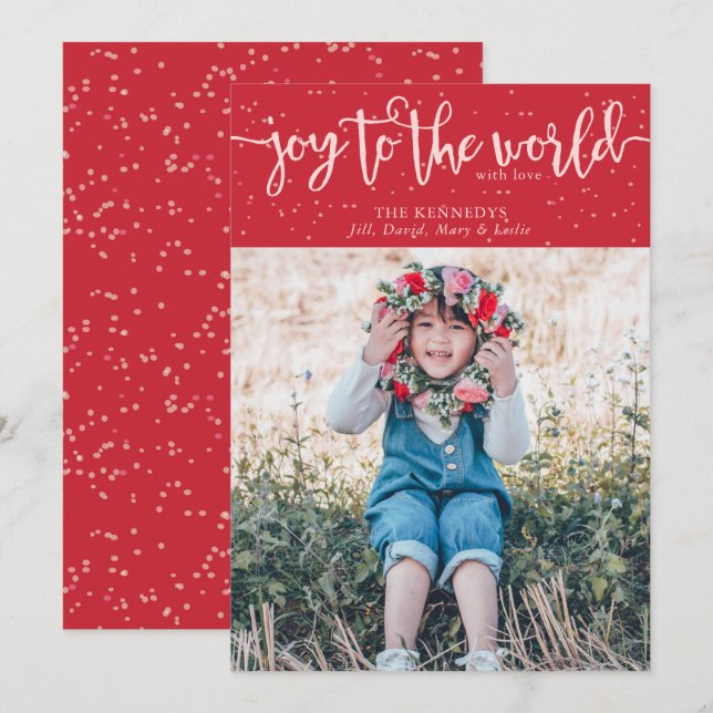 Invitation Joy to the World Red Photo Christmas Card (Devant / Derrière)