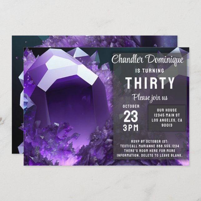 Invitation Joyau de cristal Aquarius Amethyst Février Anniver (Devant / Derrière)