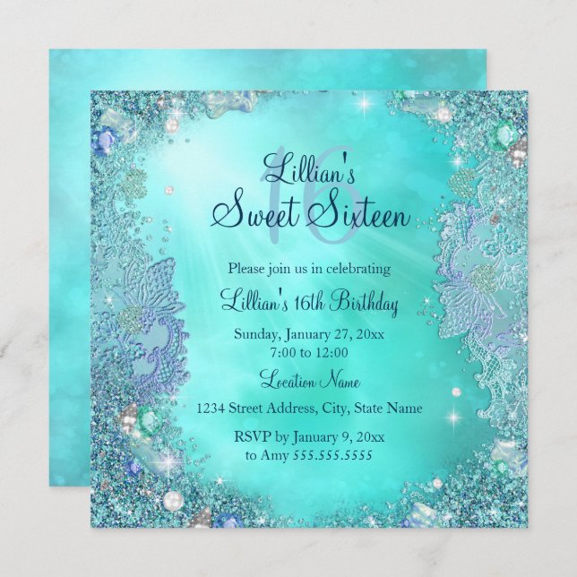 Invitation Joyau de l'océan turquoise Sweet 16 Anniversaire (Devant / Derrière)