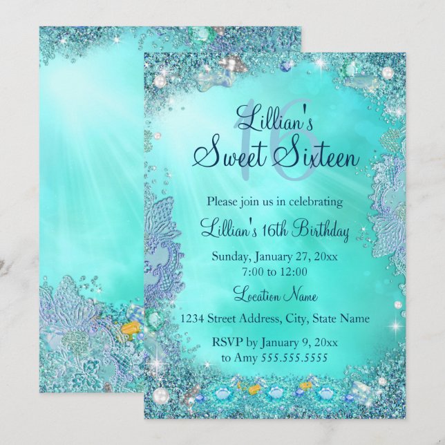 Invitation Joyau de l'océan turquoise Sweet 16 Anniversaire f (Devant / Derrière)
