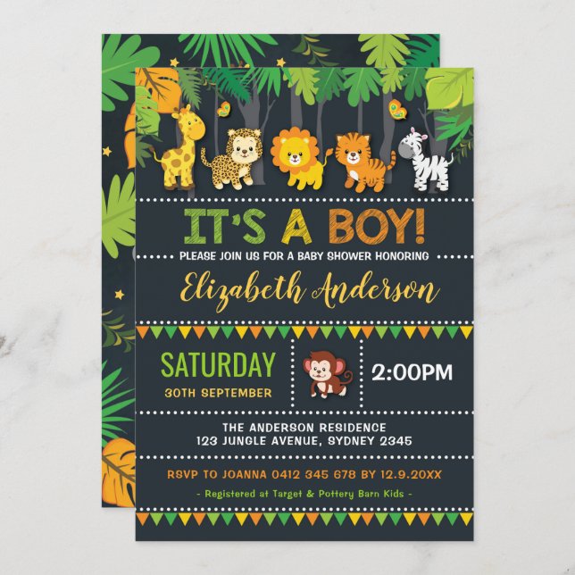 Invitation Joyau Jungle Baby shower Safari Animaux (Devant / Derrière)