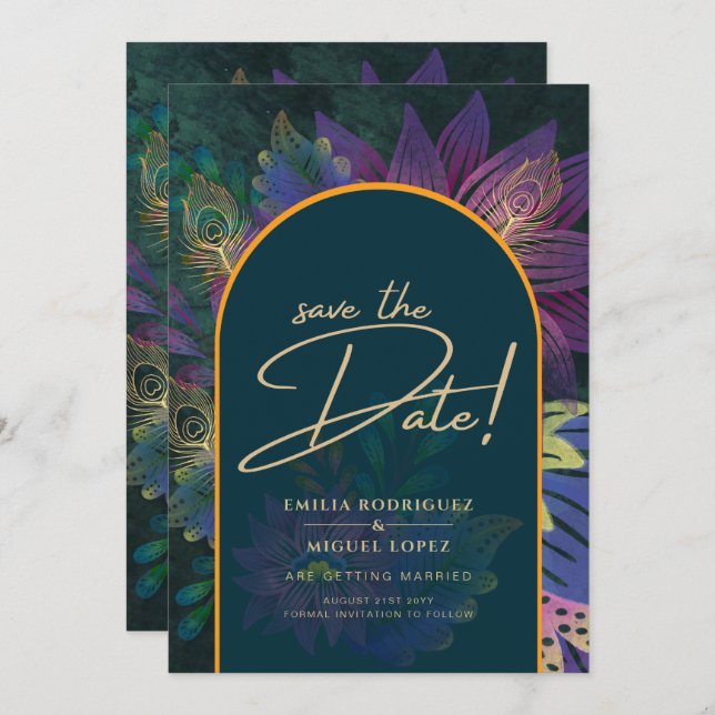 Invitation Joyau Peacock Tones Vert Bleu Mariage (Devant / Derrière)