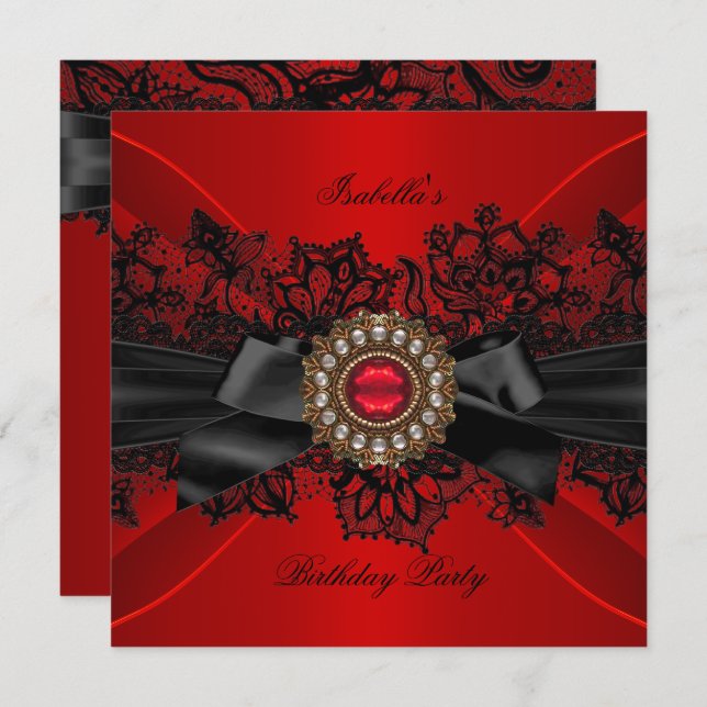 Invitation Joyau rouge élégant Black Lace Bow fête d'annivers (Devant / Derrière)