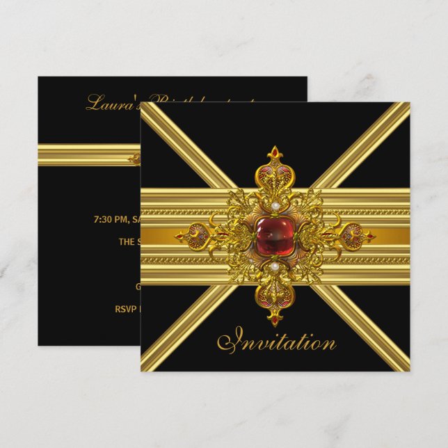 Invitation Joyau Royal Elegant Gold Rouge sur Black Party 2 (Devant / Derrière)