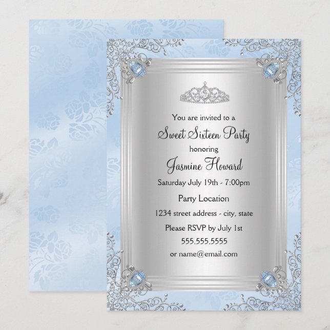 Invitation Joyau & Tiare Blue Sparkle pour Sweet 1 (Devant / Derrière)