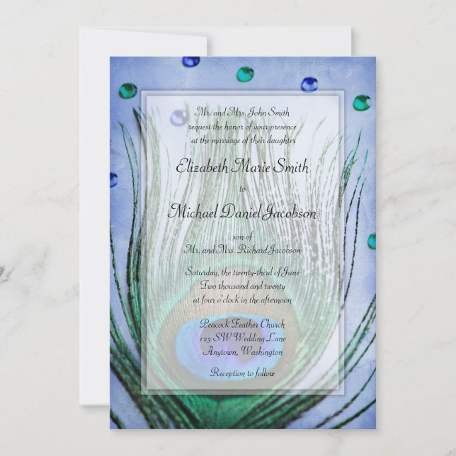 Invitation Joyaux de paon Vintage Mariage bleu (Devant)