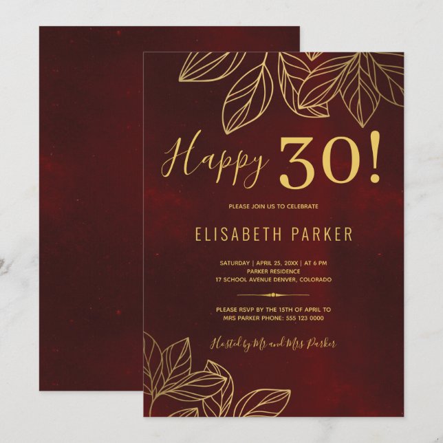 Invitation Joyeuse 30 élégante fête d'or et rouge 30e anniver (Devant / Derrière)