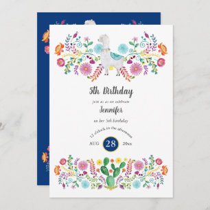 Invitation Joyeuse 5e anniversaire fille FIESTA LLAMA Fleurs