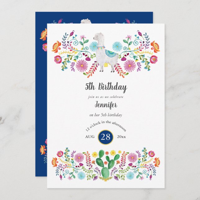 Invitation Joyeuse 5e anniversaire fille FIESTA LLAMA Fleurs  (Devant / Derrière)
