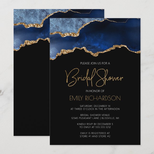 Invitation Joyeuse Baby Shower Agate Bleu Or (Devant / Derrière)
