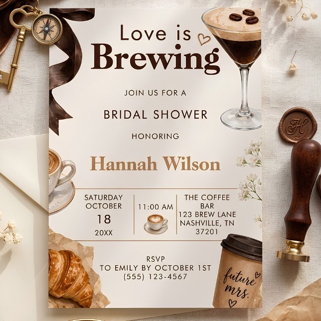 Invitation Joyeuse Baby Shower au Café "L'Amour se Prépare" (Love is Brewing Espresso Martini Bridal Shower Invitation)