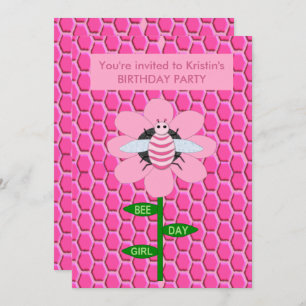 Invitation Joyeuse Bee Day Girl rose Anniversaire Bumblebee C