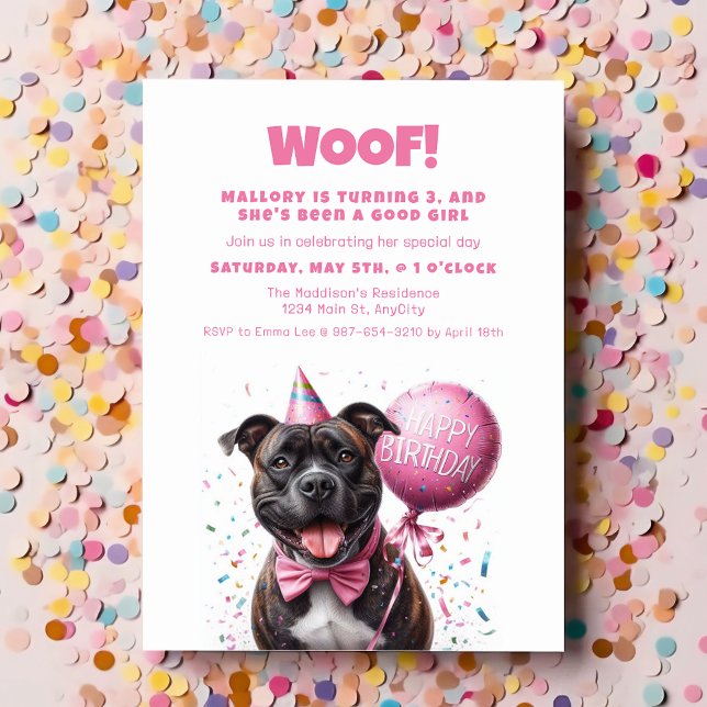 Invitation Joyeuse boîte d'anniversaire avec Balloon rose per (Happy Birthday Boxer Dog wearing party hat for a Party Invitation Balloon with confetti)