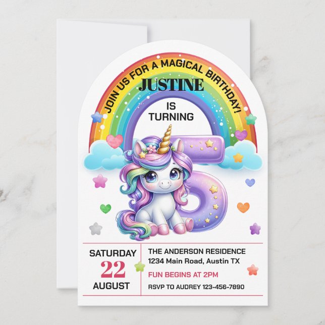 Invitation Joyeuse Fête d'anniversaire Arc-en-ciel et Licorne (Devant)