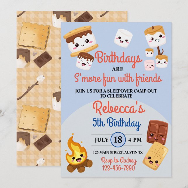 Invitation Joyeuse fête d'anniversaire avec des S'mores en ca (Devant / Derrière)